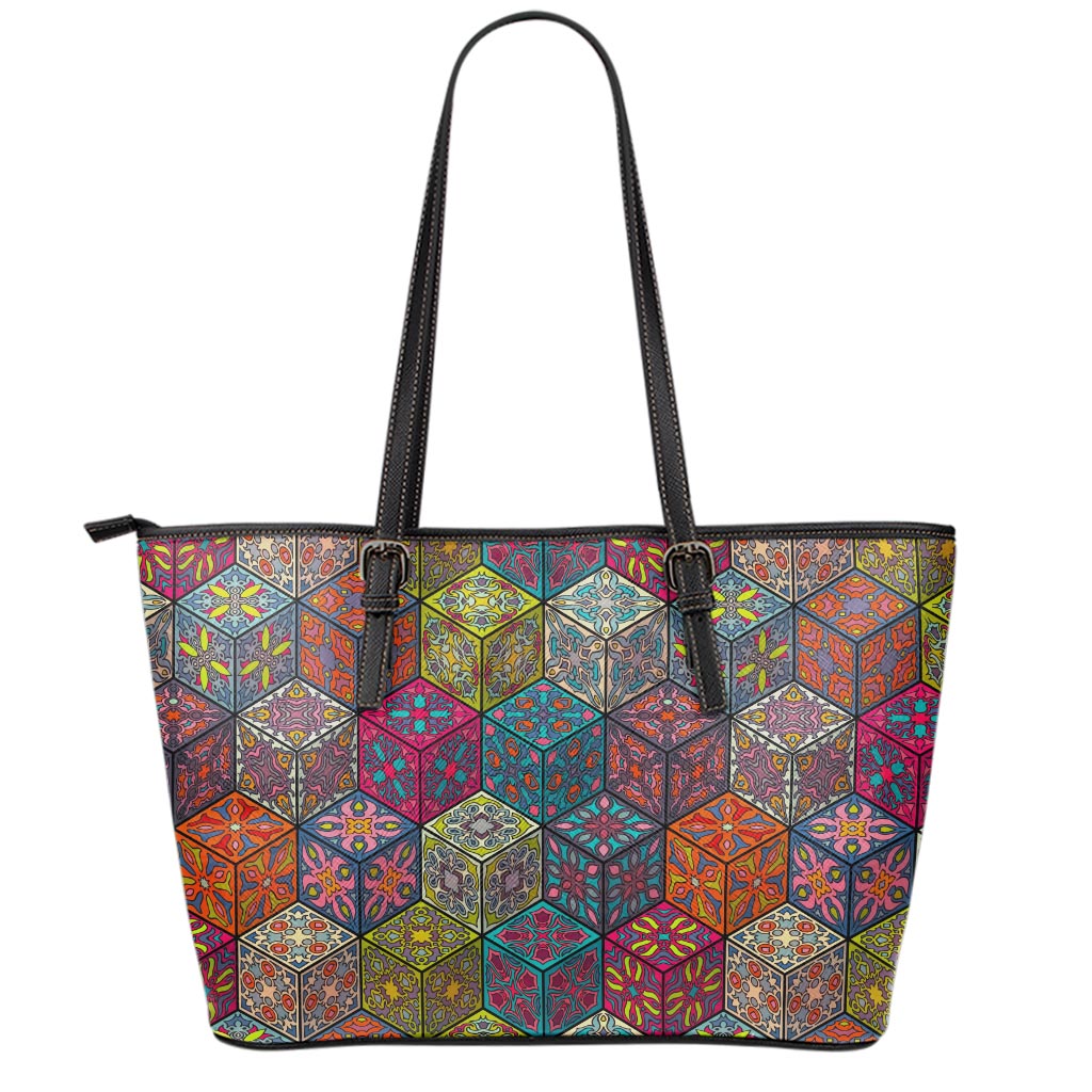 Bohemian Indian Box Pattern Print Leather Tote Bag