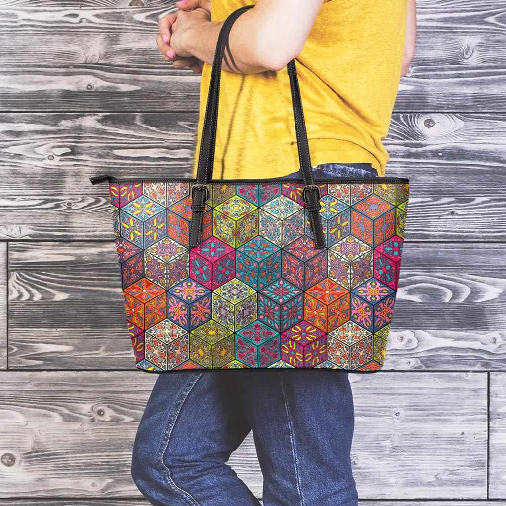 Bohemian Indian Box Pattern Print Leather Tote Bag
