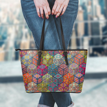 Bohemian Indian Box Pattern Print Leather Tote Bag