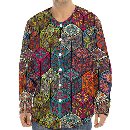Bohemian Indian Box Pattern Print Long Sleeve Baseball Jersey