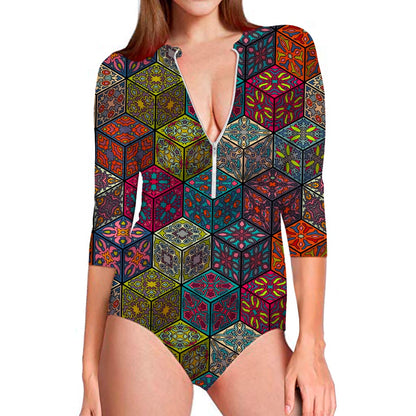 Bohemian Indian Box Pattern Print Long Sleeve Swimsuit