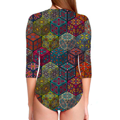 Bohemian Indian Box Pattern Print Long Sleeve Swimsuit