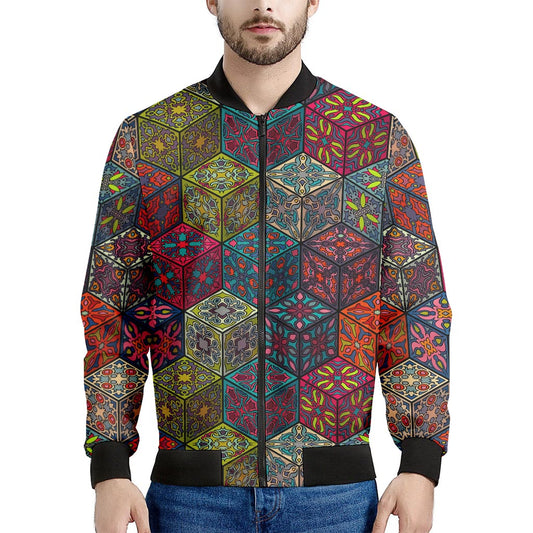 Bohemian Indian Box Pattern Print Men's Bomber Jacket