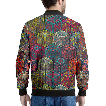 Bohemian Indian Box Pattern Print Men's Bomber Jacket