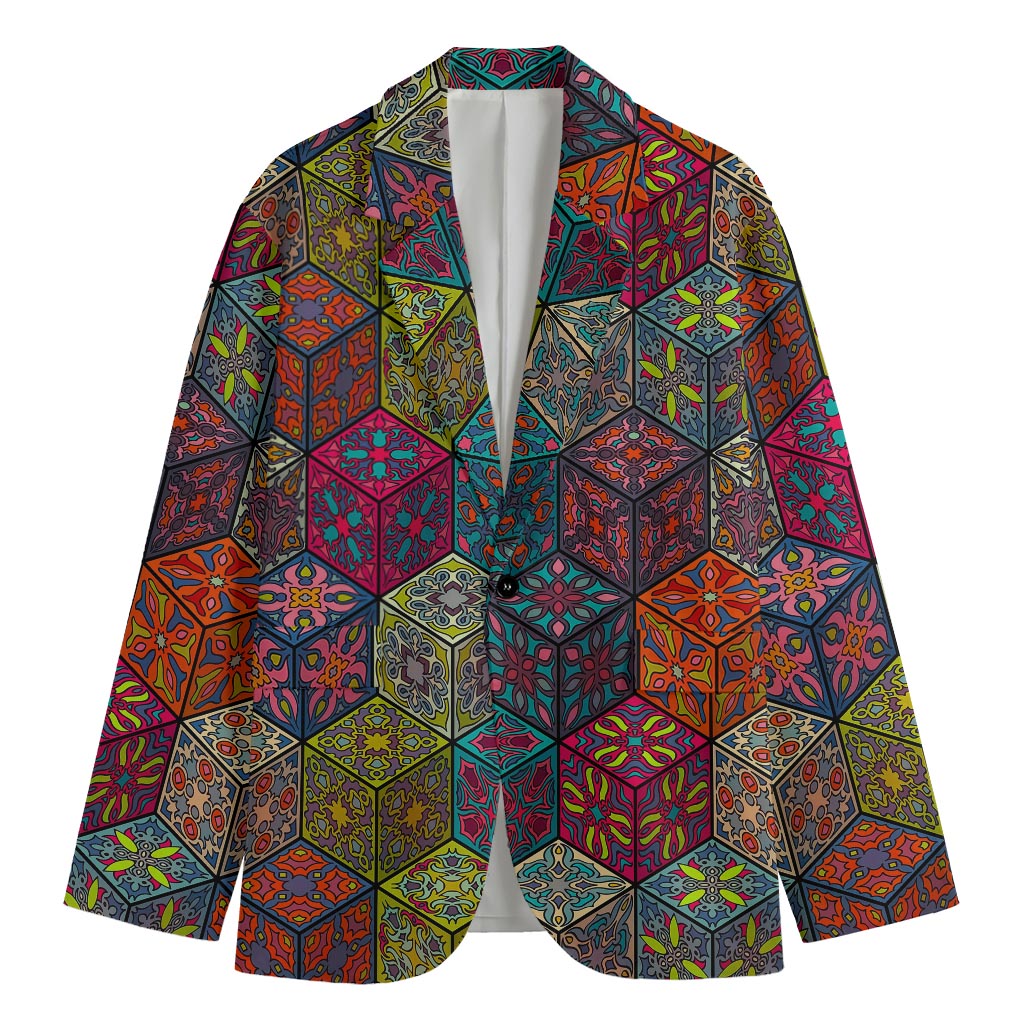 Bohemian Indian Box Pattern Print Men's Cotton Blazer
