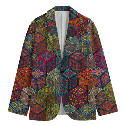 Bohemian Indian Box Pattern Print Men's Cotton Blazer