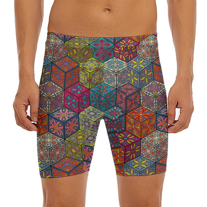 Bohemian Indian Box Pattern Print Men's Long Boxer Briefs