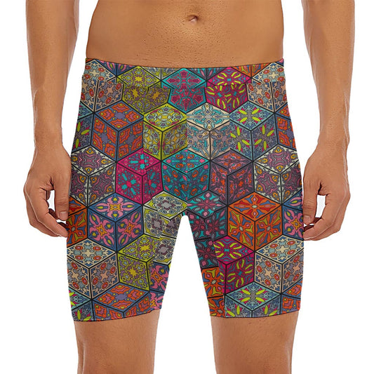 Bohemian Indian Box Pattern Print Men's Long Boxer Briefs