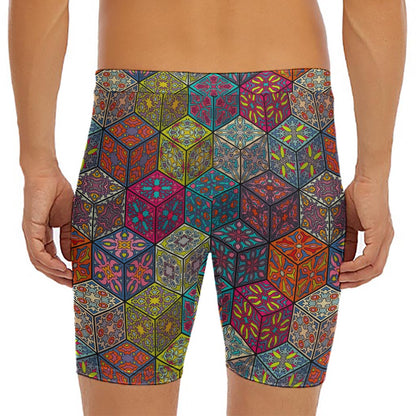 Bohemian Indian Box Pattern Print Men's Long Boxer Briefs