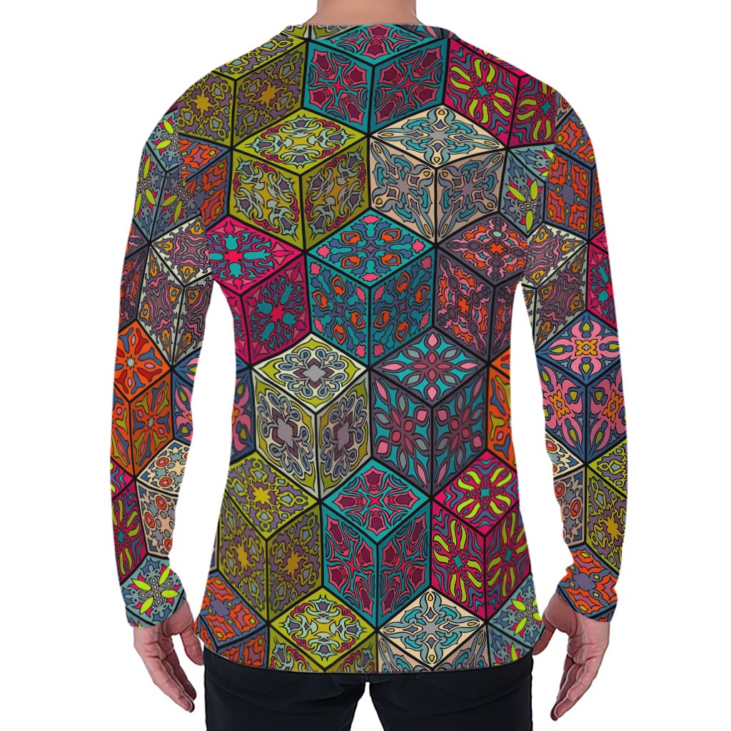 Bohemian Indian Box Pattern Print Men's Long Sleeve T-Shirt