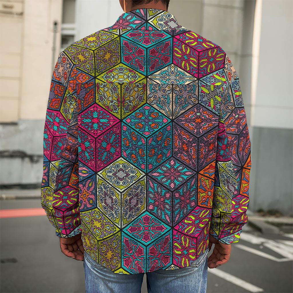 Bohemian Indian Box Pattern Print Men's Shirt Jacket