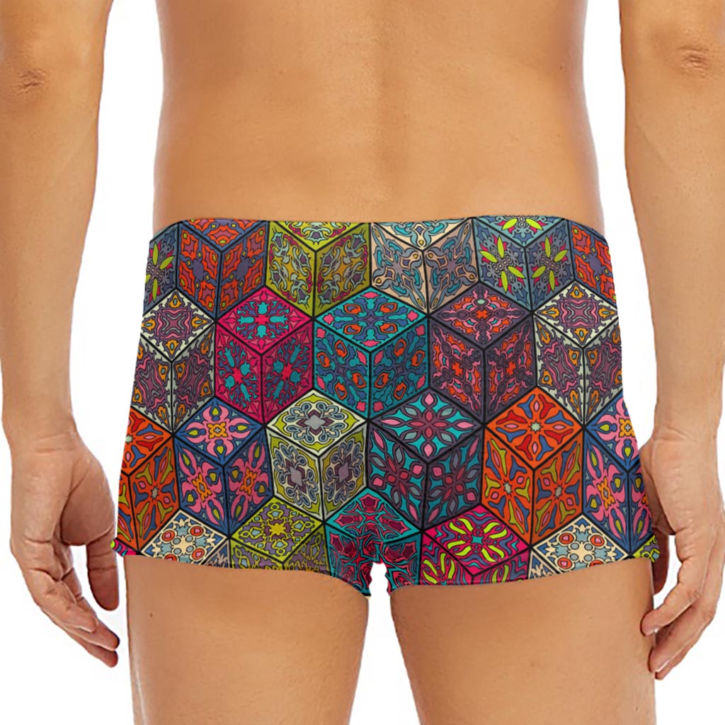 Bohemian Indian Box Pattern Print Men's Short Boxer Briefs