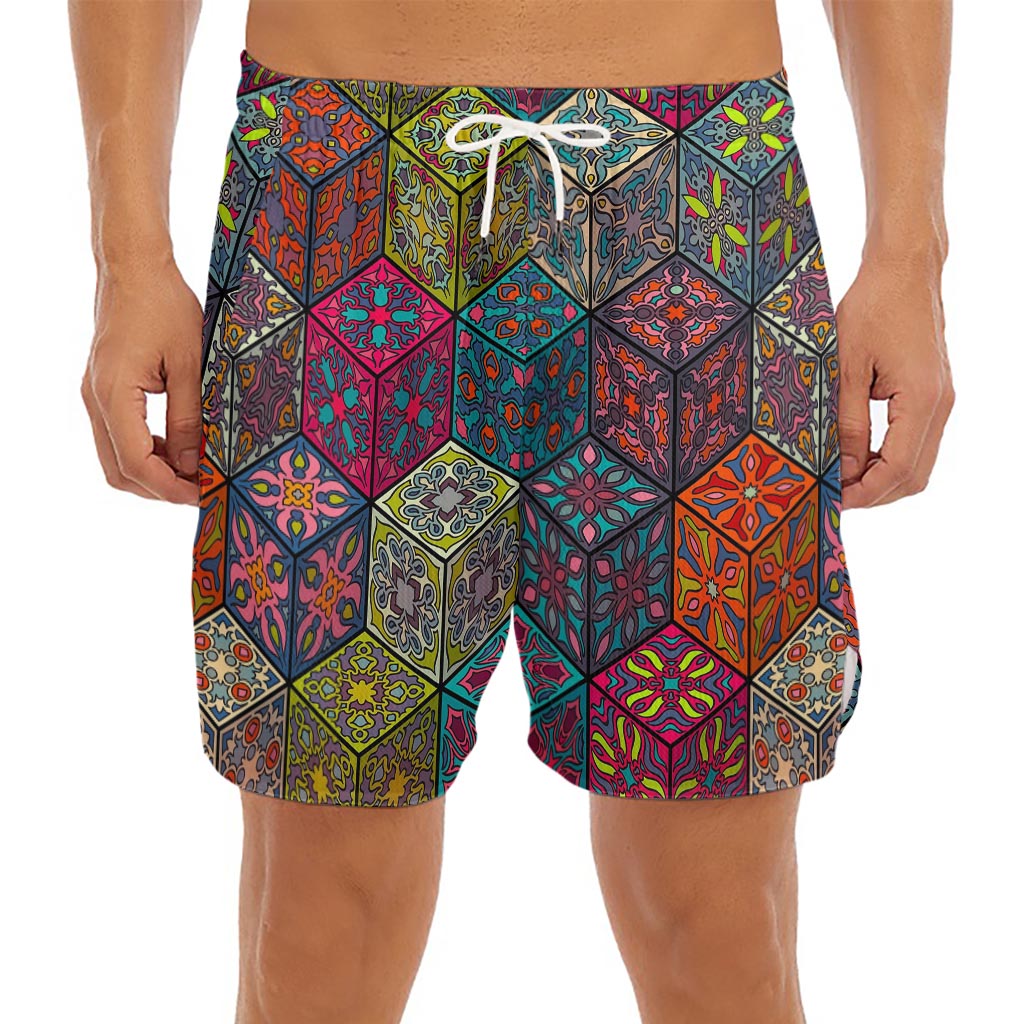 Bohemian Indian Box Pattern Print Men's Split Running Shorts