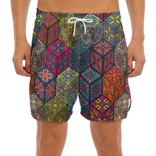 Bohemian Indian Box Pattern Print Men's Split Running Shorts