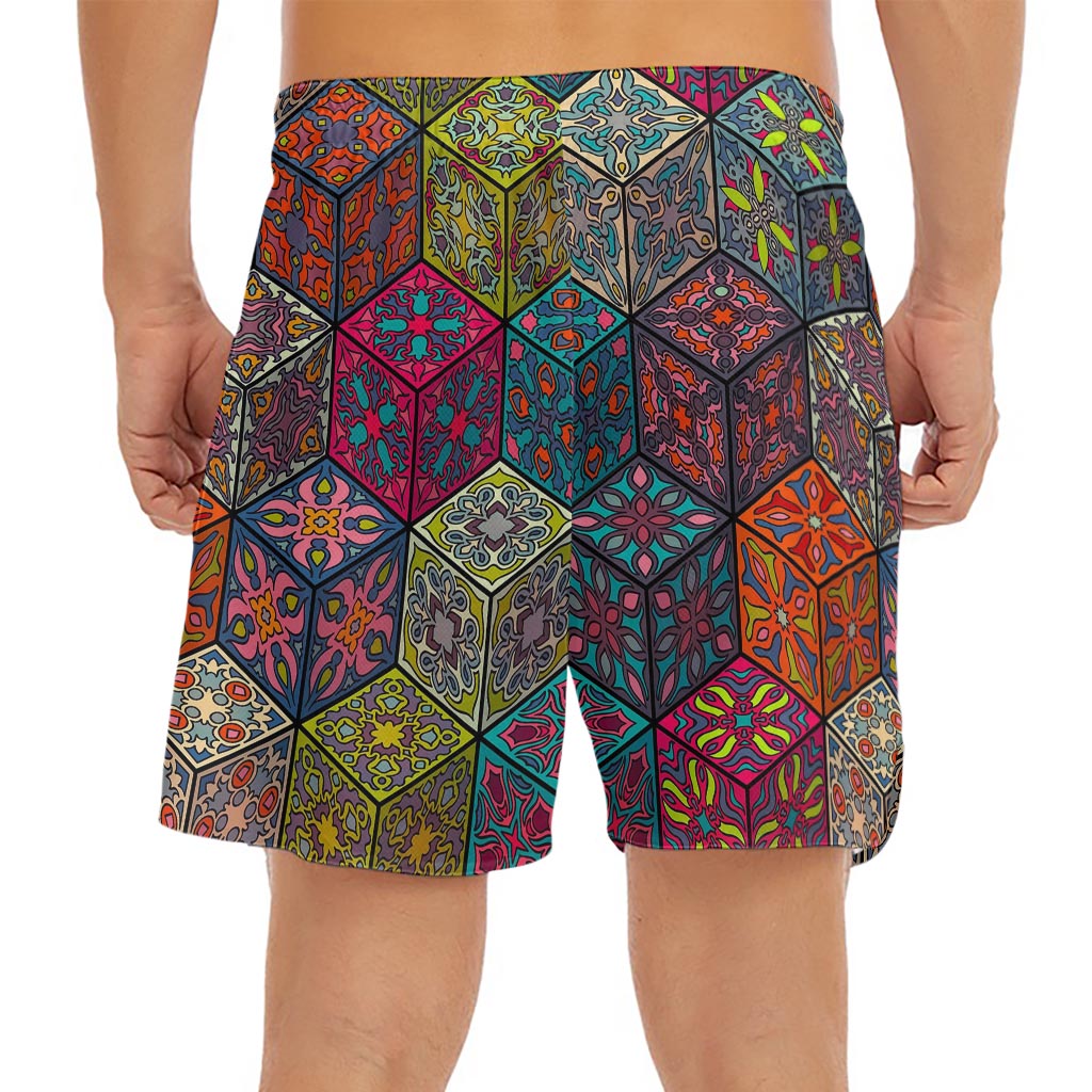 Bohemian Indian Box Pattern Print Men's Split Running Shorts