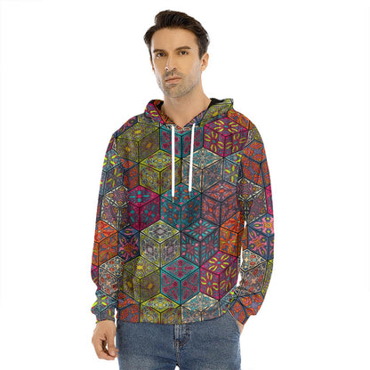 Bohemian Indian Box Pattern Print Men's Velvet Pullover Hoodie
