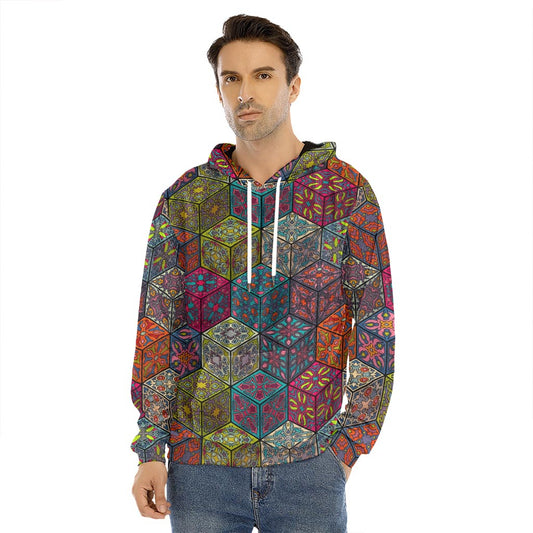 Bohemian Indian Box Pattern Print Men's Velvet Pullover Hoodie