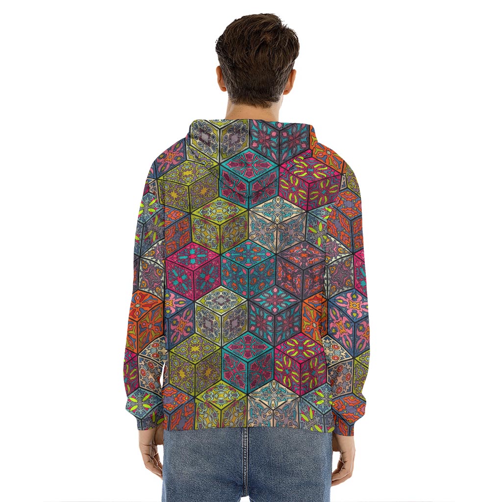 Bohemian Indian Box Pattern Print Men's Velvet Pullover Hoodie