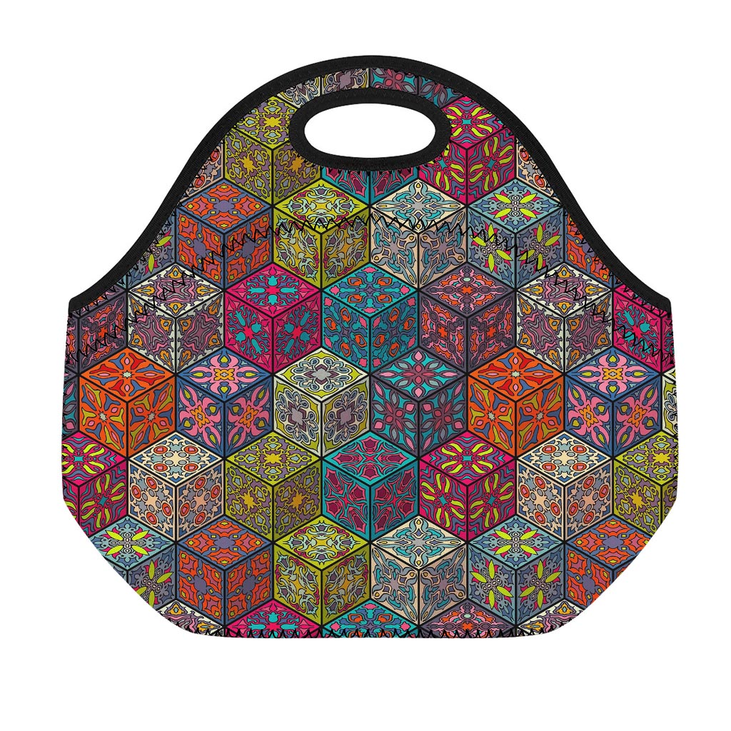 Bohemian Indian Box Pattern Print Neoprene Lunch Bag