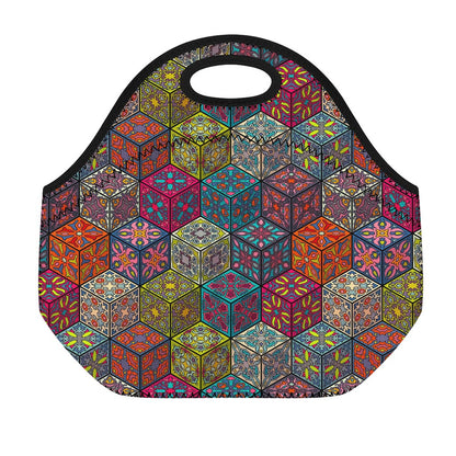 Bohemian Indian Box Pattern Print Neoprene Lunch Bag