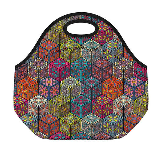 Bohemian Indian Box Pattern Print Neoprene Lunch Bag