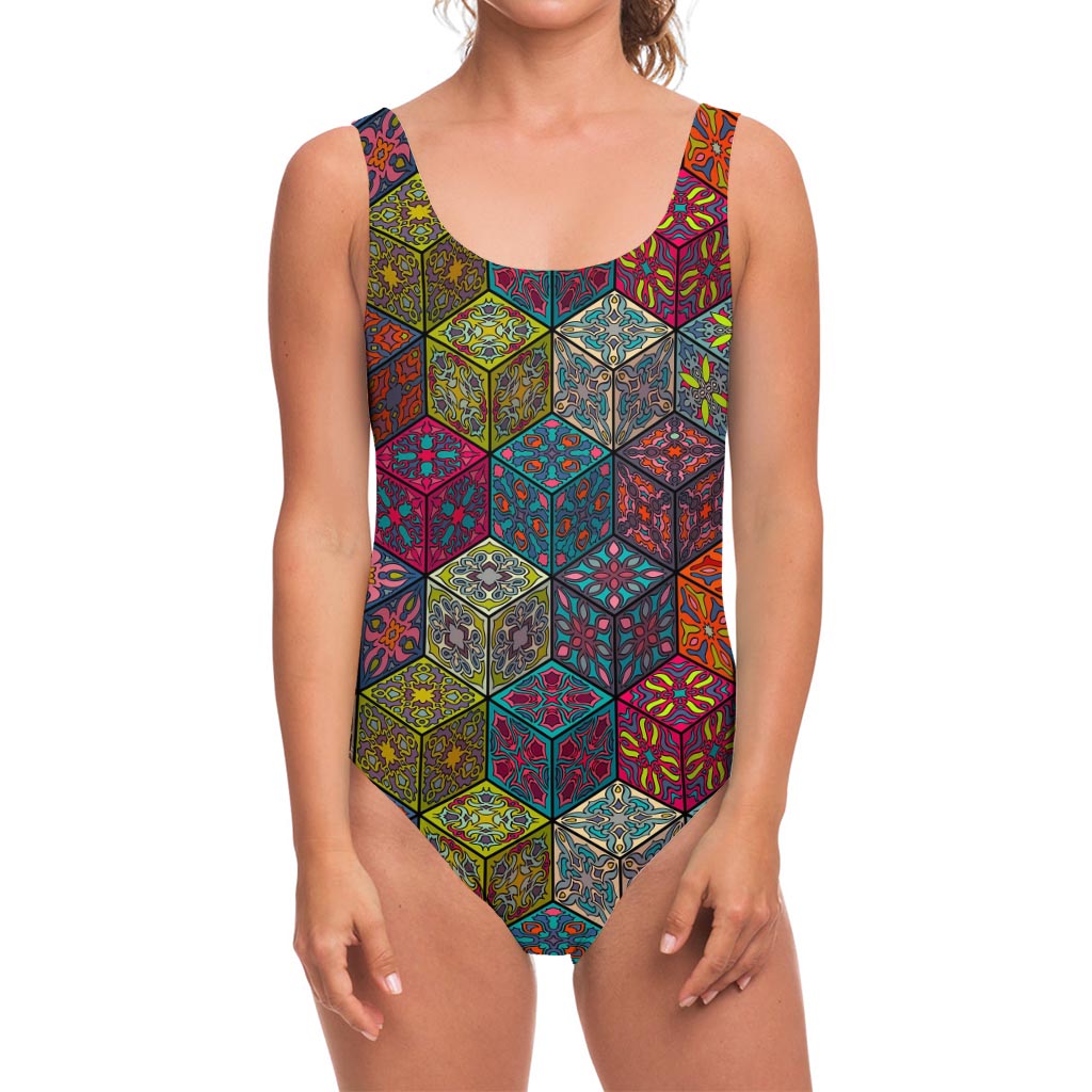 Bohemian Indian Box Pattern Print One Piece Swimsuit