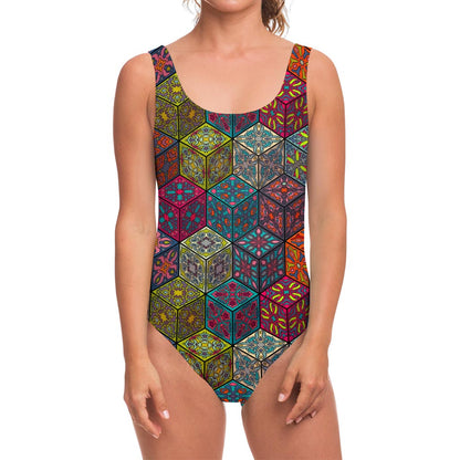 Bohemian Indian Box Pattern Print One Piece Swimsuit