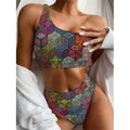Bohemian Indian Box Pattern Print One Shoulder Bikini Set