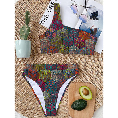 Bohemian Indian Box Pattern Print One Shoulder Bikini Top