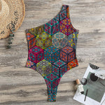 Bohemian Indian Box Pattern Print One Shoulder Bodysuit