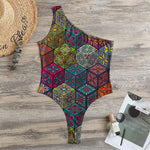 Bohemian Indian Box Pattern Print One Shoulder Bodysuit