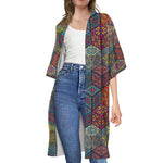 Bohemian Indian Box Pattern Print Open Front Beach Cover Up