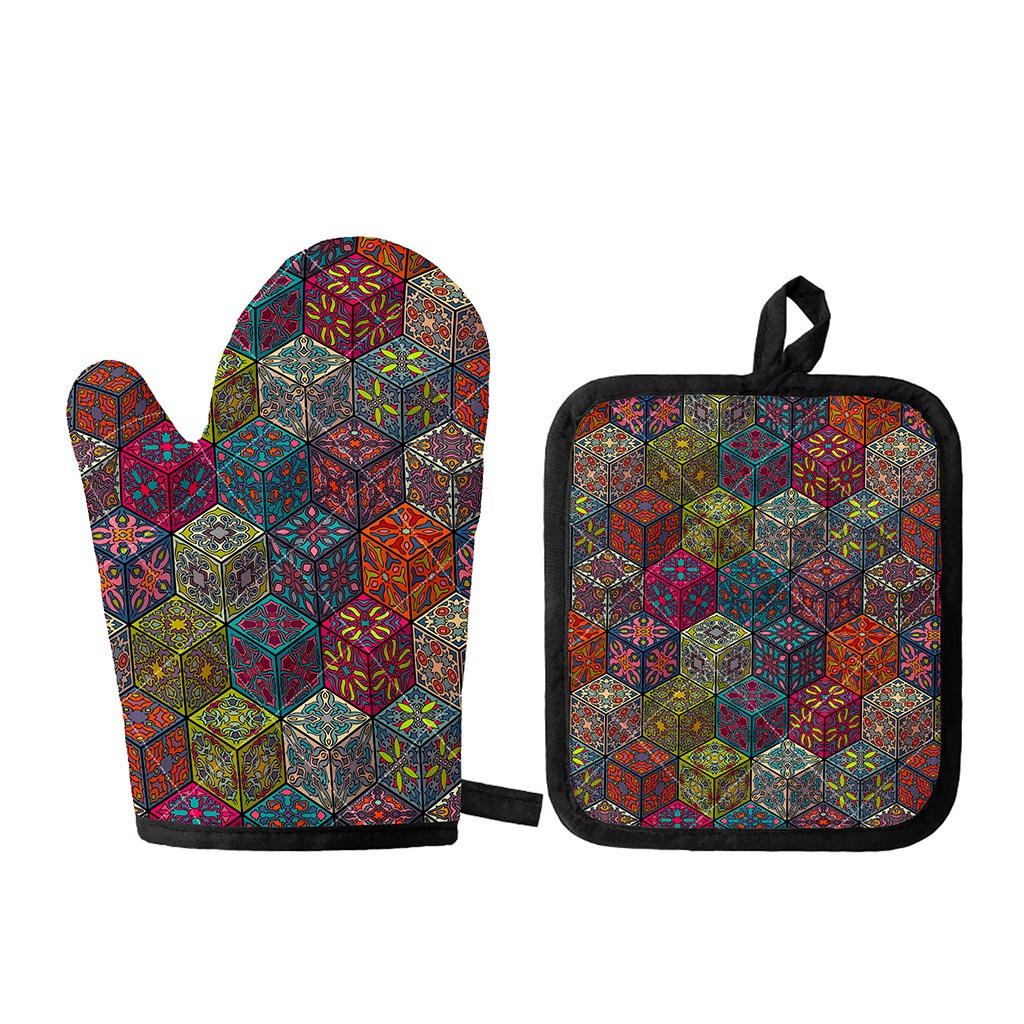 Bohemian Indian Box Pattern Print Oven Mitt And Pot Holder Set