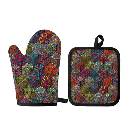 Bohemian Indian Box Pattern Print Oven Mitt And Pot Holder Set