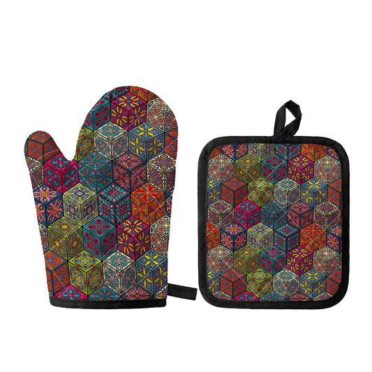 Bohemian Indian Box Pattern Print Oven Mitt And Pot Holder Set