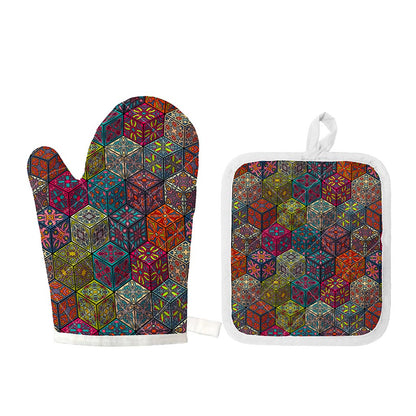 Bohemian Indian Box Pattern Print Oven Mitt And Pot Holder Set