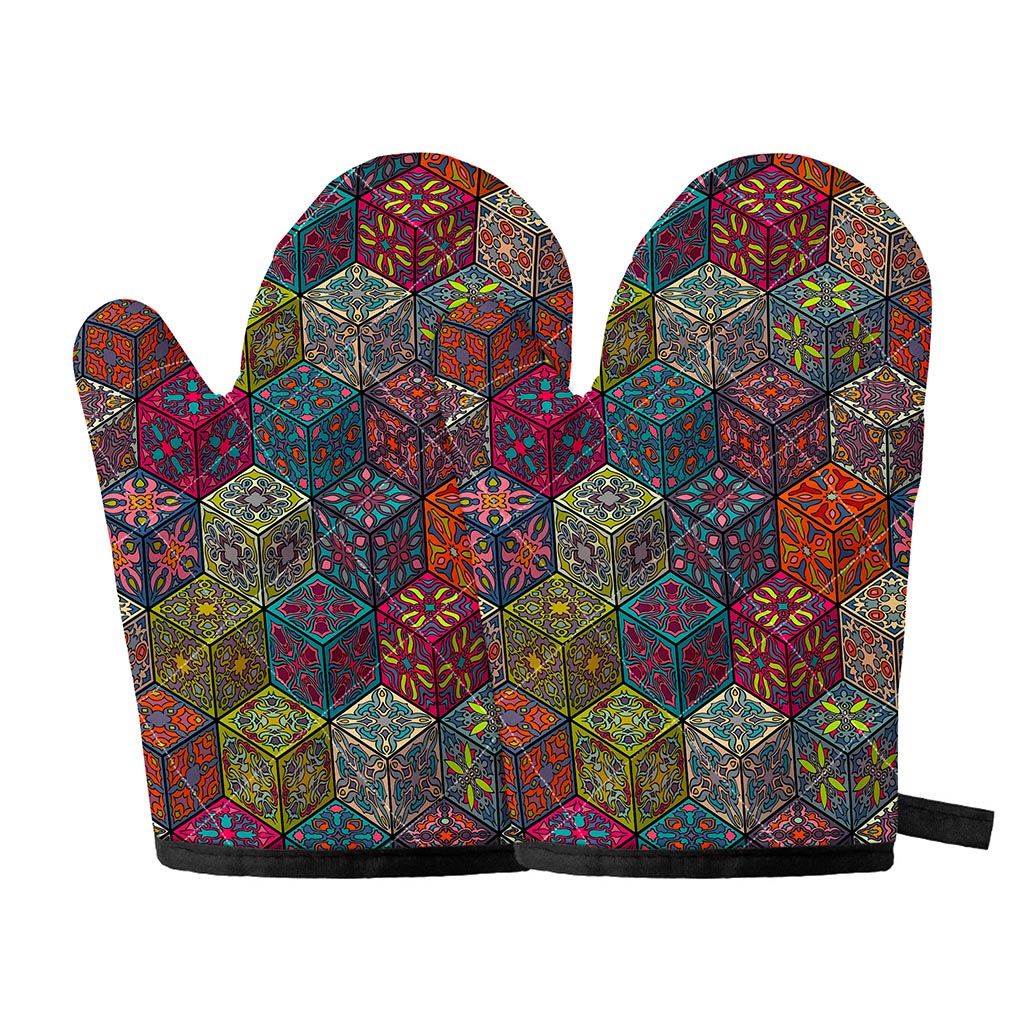 Bohemian Indian Box Pattern Print Oven Mitts