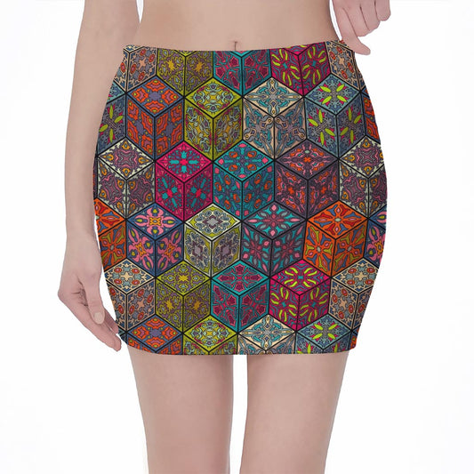 Bohemian Indian Box Pattern Print Pencil Mini Skirt
