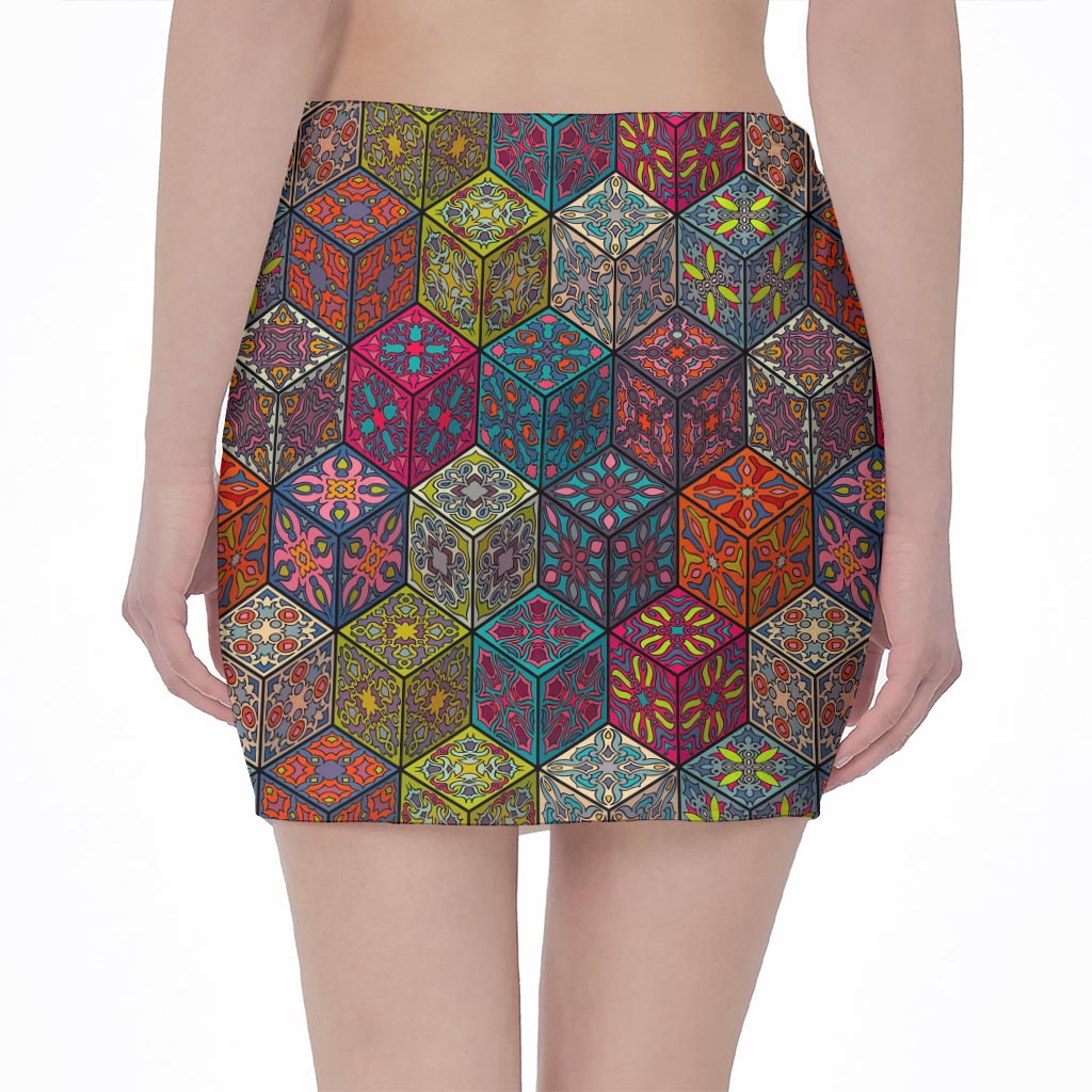 Bohemian Indian Box Pattern Print Pencil Mini Skirt