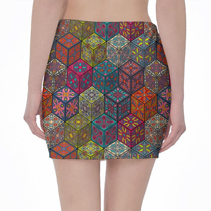 Bohemian Indian Box Pattern Print Pencil Mini Skirt