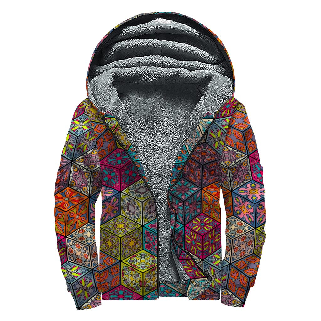 Bohemian Indian Box Pattern Print Sherpa Lined Zip Up Hoodie