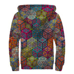 Bohemian Indian Box Pattern Print Sherpa Lined Zip Up Hoodie