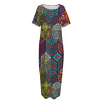 Bohemian Indian Box Pattern Print Short Sleeve Long Nightdress