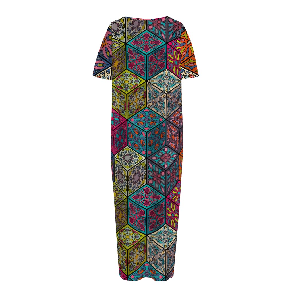 Bohemian Indian Box Pattern Print Short Sleeve Long Nightdress