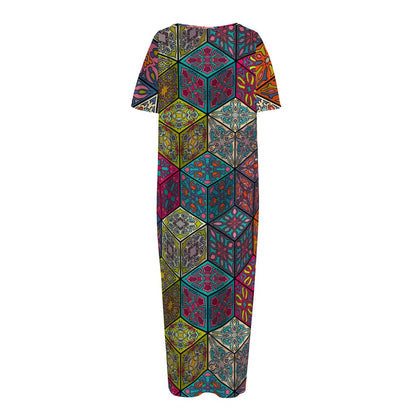Bohemian Indian Box Pattern Print Short Sleeve Long Nightdress