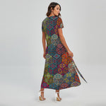 Bohemian Indian Box Pattern Print Short Sleeve Maxi Dress