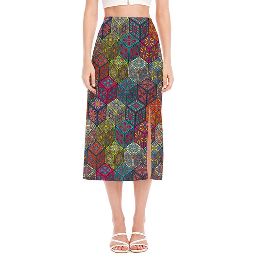Bohemian Indian Box Pattern Print Side Slit Midi Skirt