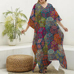 Bohemian Indian Box Pattern Print Silk V-Neck Kaftan Dress
