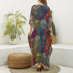Bohemian Indian Box Pattern Print Silk V-Neck Kaftan Dress