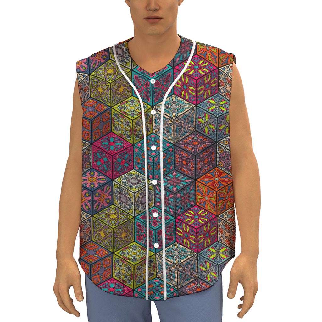 Bohemian Indian Box Pattern Print Sleeveless Baseball Jersey